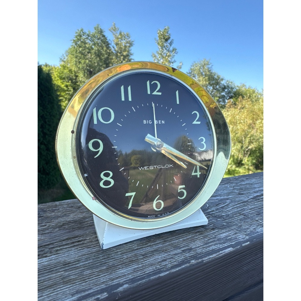 Westclox Big Ben Alarm Clock Black Face Brass Bezel Made in USA Vtg MCM Prop